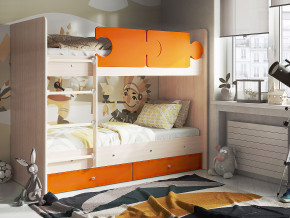 Кровать двухъярусная Тетрис латы с бортиками дуб млечный-оранжевый в Нижней Туре - nizhnyaya-tura.magazinmebel.ru | фото